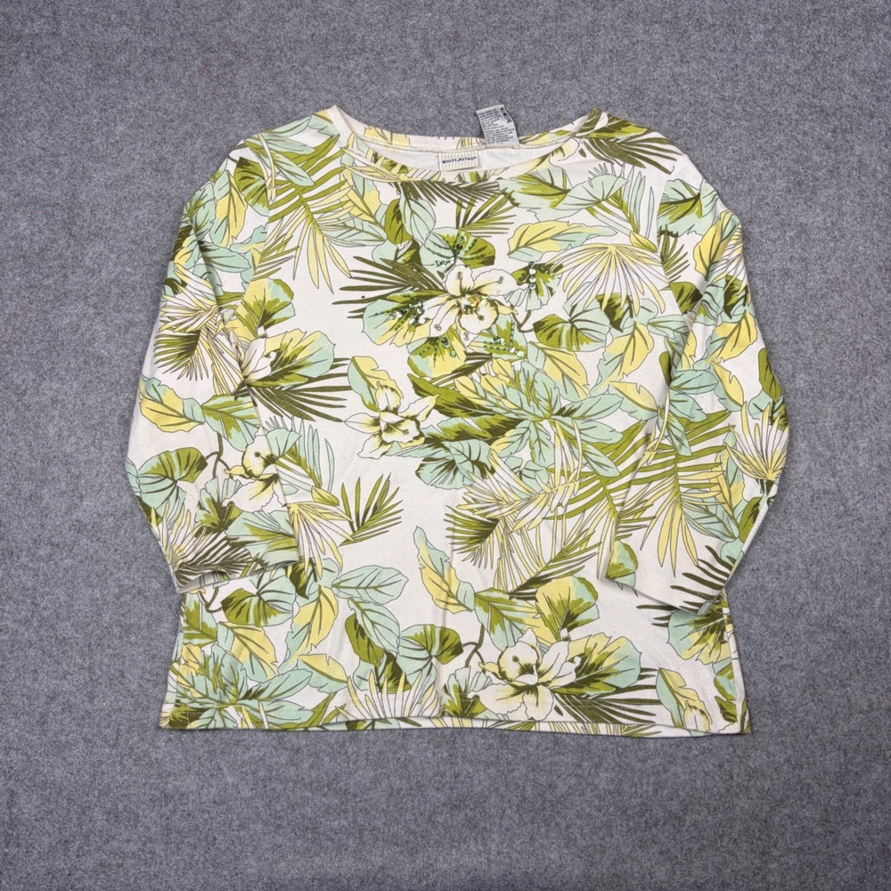 White Stag Womens XL Tropical Floral Sequin Palm Leaf 3/4 Sleeve Cotton Top